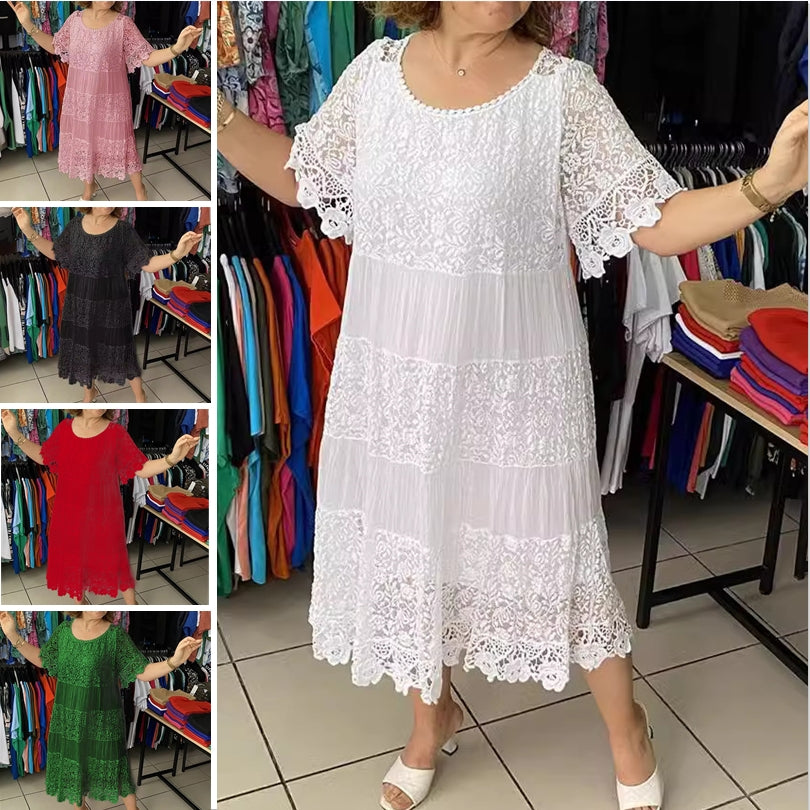 ✨✨【S-5XL】Nowa koronkowa sukienka t-shirtowa z krótkim rękawem i okrągłym dekoltem