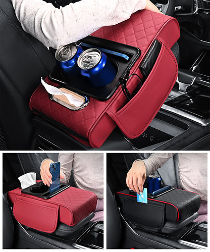 Tampă universală din piele pentru cotieră auto 4 în 1 ✅ Cutie încorporată pentru șervețele ✅ Suport pentru pahare