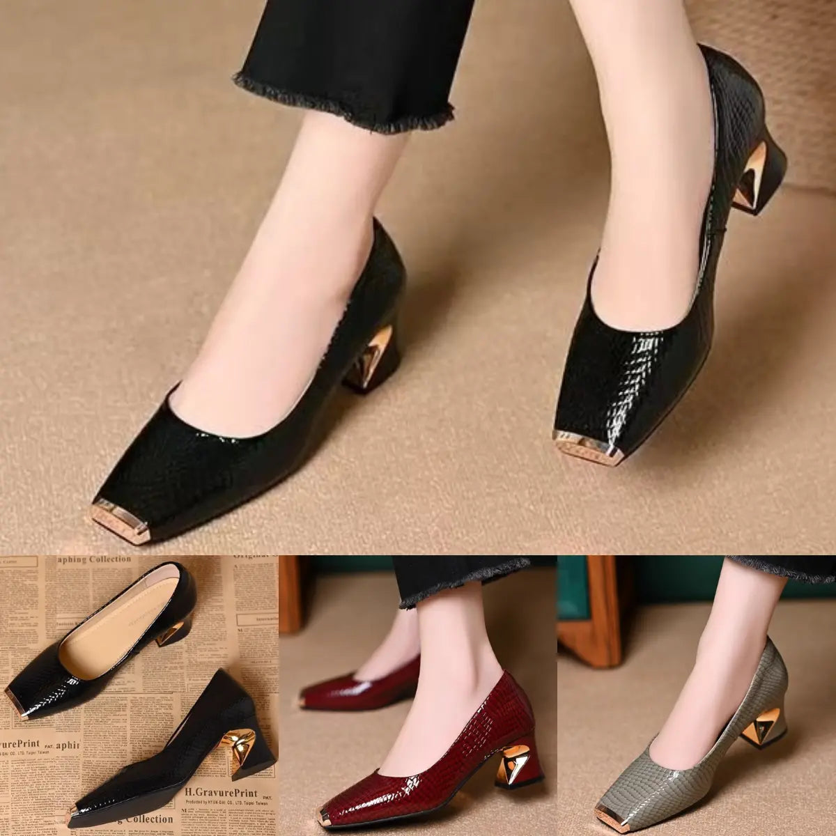 【35-42】Nowe francuskie buty z grubymi obcasami i fakturą, płytkie otwarcie