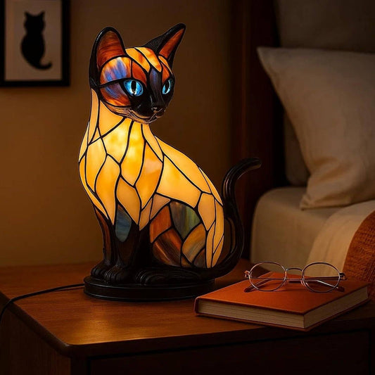 🐱Lámpara de mesa con forma de gato, lámpara de noche retro fabricada en resina de colores, con temática de gatos