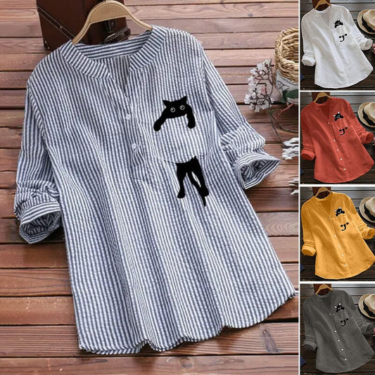 🎁【S-3XL】Bombažna bluza z V-izrezom in dolgimi rokavi z mačjim potiskom