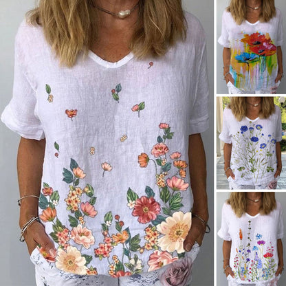 💐👕【S-5XL】🌈T-shirt z krótkim rękawem i bawełnianą lnianą nadrukiem w kwiaty