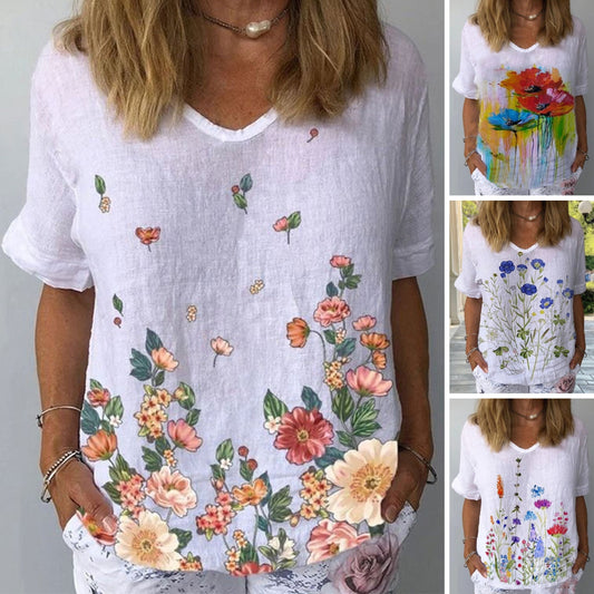 💐👕【S-5XL】🌈T-shirt z krótkim rękawem i bawełnianą lnianą nadrukiem w kwiaty