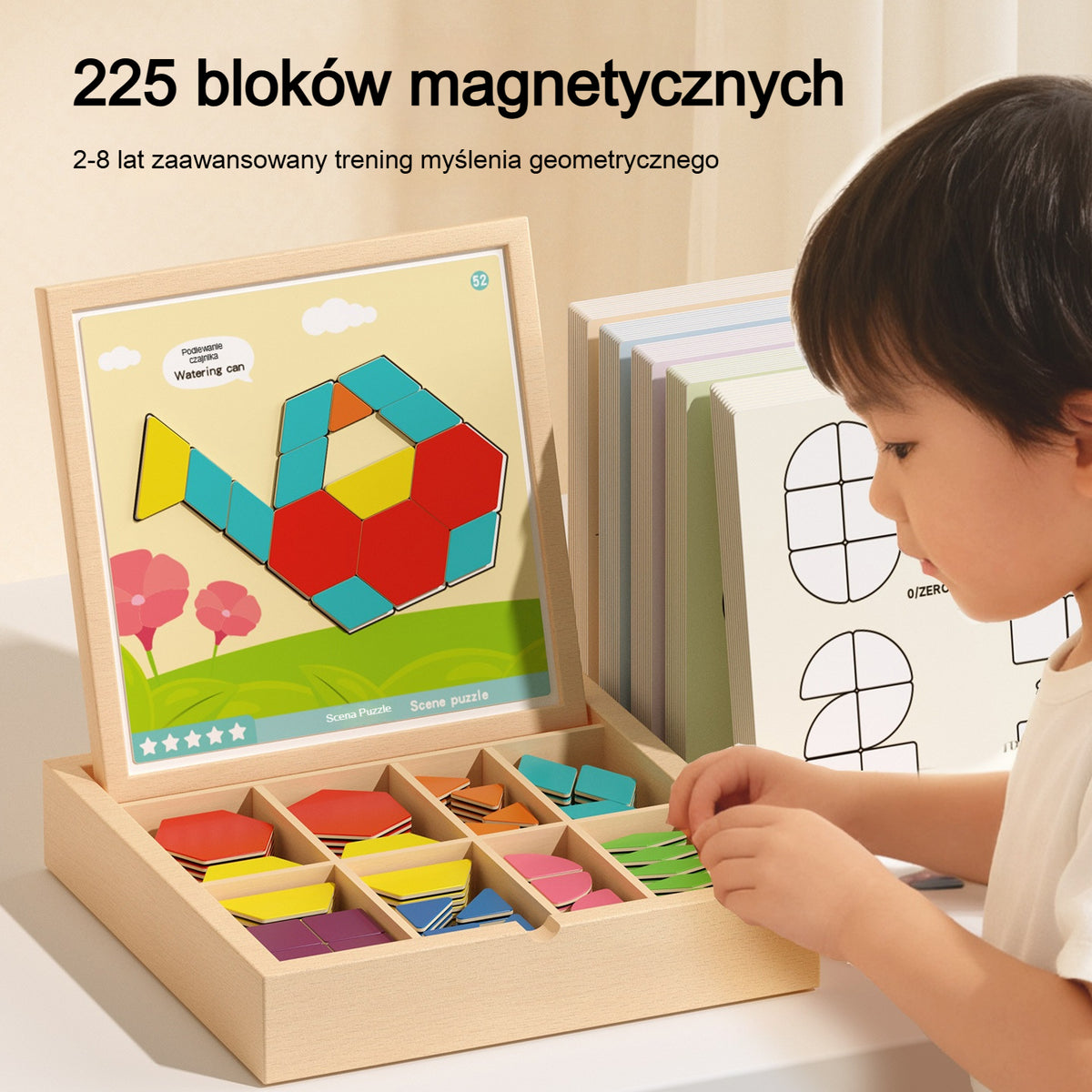 👶🌈🧩【225 elementów】🔥 Magnetyczny drewniany tangram – układanka edukacyjna, trening mózgu i kreatywnego myślenia dla dzieci