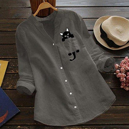 🎁【S-3XL】Bombažna bluza z V-izrezom in dolgimi rokavi z mačjim potiskom