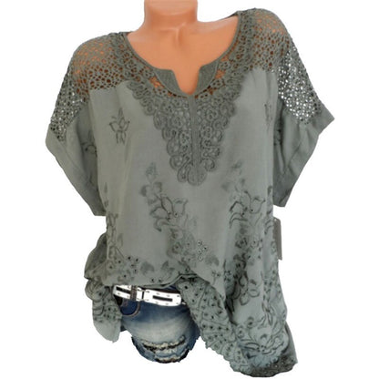 💝 2025 Top tricou cu mânecă scurtă din dantelă pentru femei, cu decolteu în V
