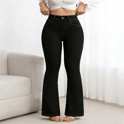 💕👖Nowe damskie jeansy typu dzwony, ze stretchem, dopasowane, z wysokim stanem i podniesionym biodrem.