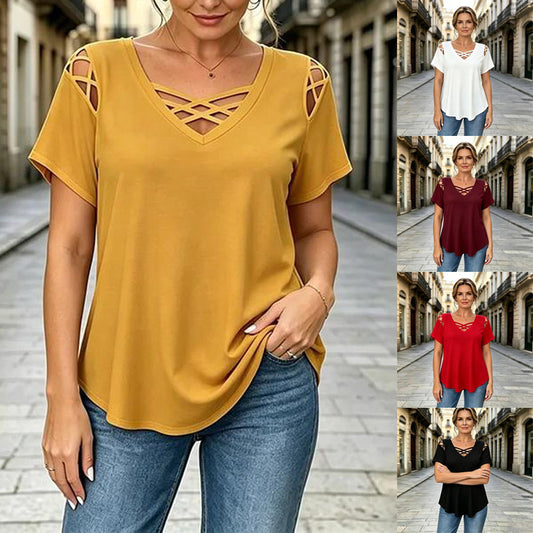 👚 Koszulka wykonana w 100% z bawełny, z dekoltem w serek, wzorem krzyżowym i wycięciami | nowoczesna i przewiewna