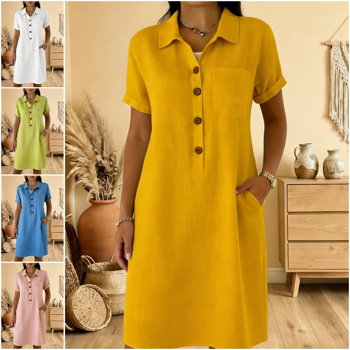 ⏳ Oferta ograniczona czasowo! ⏰🍋【S-3XL】Damska bawełniana sukienka z kieszeniami