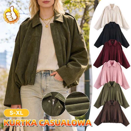 Kurtka typu bomber z zamszu z teksturą, na wiosnę/jesień 2026, z kołnierzem zapinanym na suwak i guziki