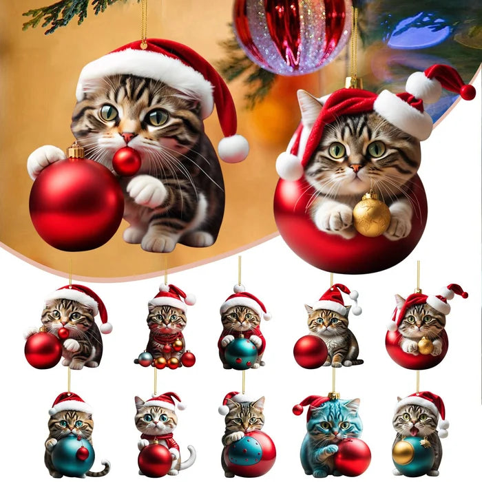 🔥🐈🎄10 sztuk😻Zawieszki do dekoracji choinki w kształcie kotka，Mały wisiorek z akrylu, drukowany na płasko w technologii 2D