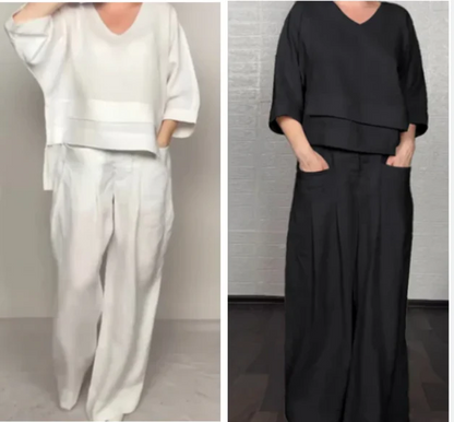 💎 Dwuczęściowy komplet z bawełny i lnu z nieregularnym dołem – bluzka z dekoltem w serek + spodnie z szerokimi nogawkami, przewiewny i naturalnie elegancki 🍂👚