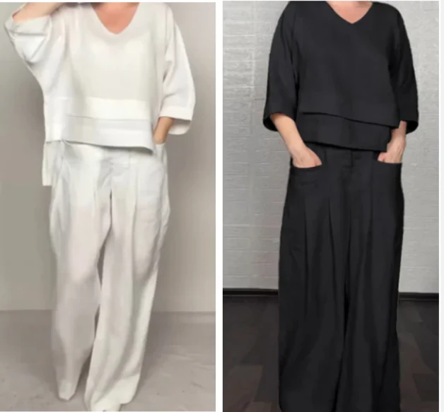 💎 Dwuczęściowy komplet z bawełny i lnu z nieregularnym dołem – bluzka z dekoltem w serek + spodnie z szerokimi nogawkami, przewiewny i naturalnie elegancki 🍂👚