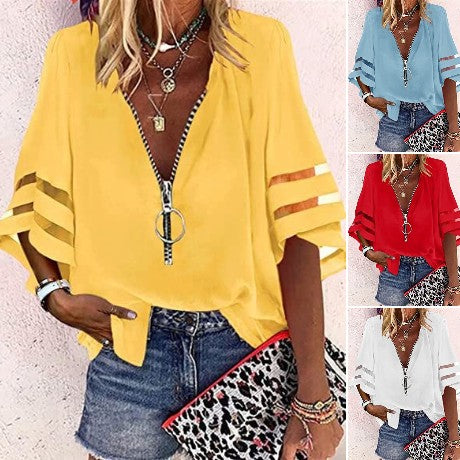 🌼🌼Nowa koszula damska z dekoltem w serek, zapinana na zamek, z półrozkloszowanymi rękawami, luźna i swobodna