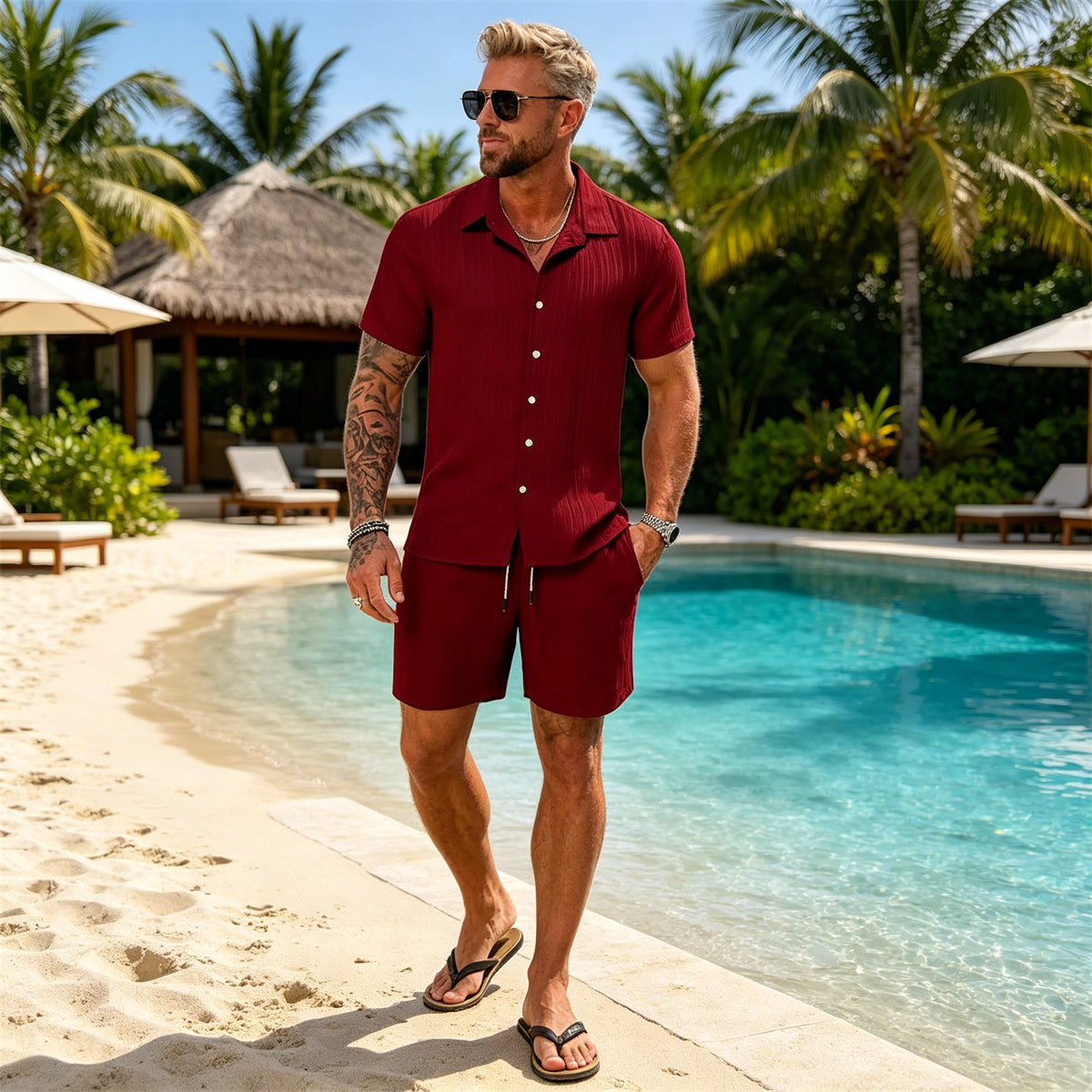Męski letni zestaw: koszula z krótkim rękawem w stylu casual i szorty plażowe