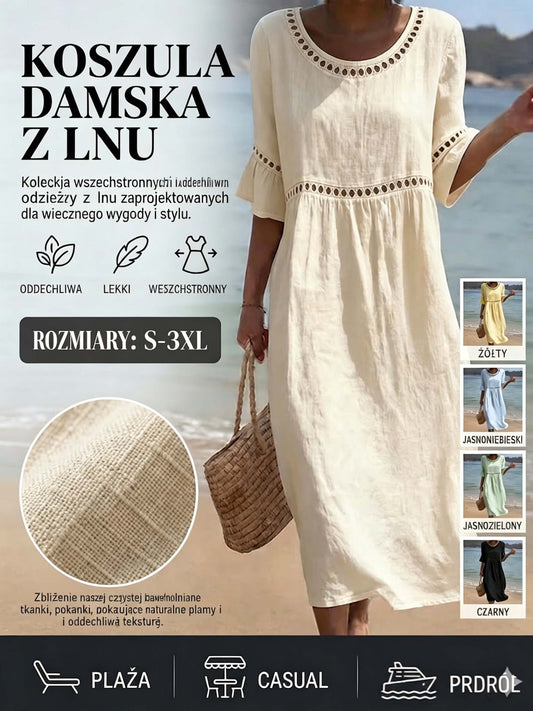 ✨【S–3XL】Damska dopasowana sukienka z bawełny i lnu z okrągłym dekoltem, z balonowymi rękawami, oddychająca i miękka, wygodna do noszenia