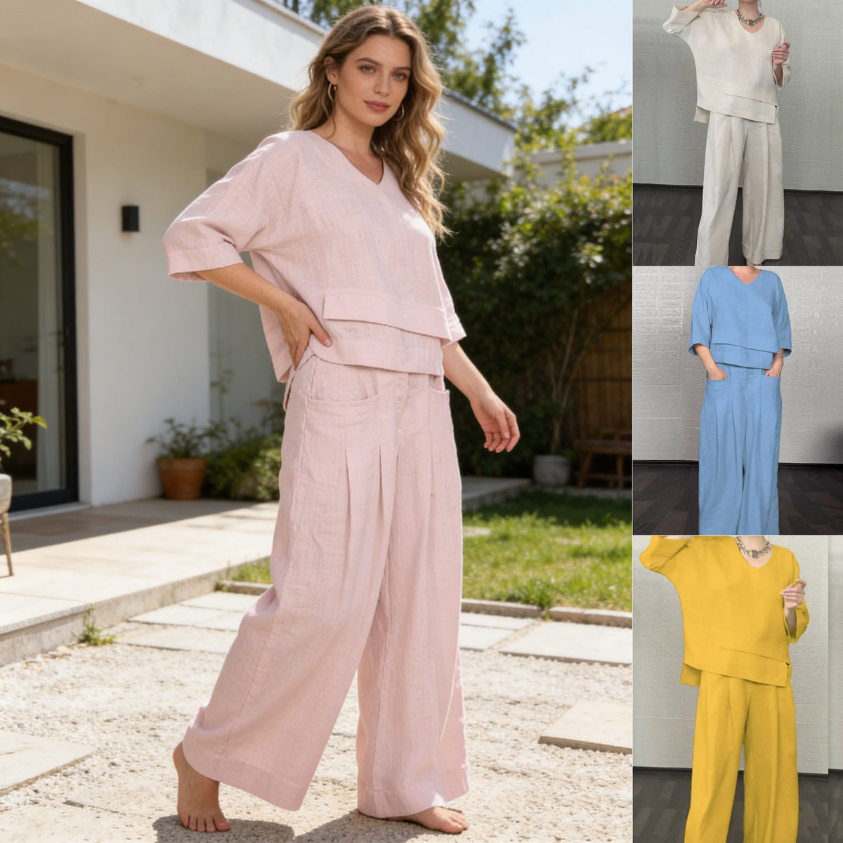 💎 Dwuczęściowy komplet z bawełny i lnu z nieregularnym dołem – bluzka z dekoltem w serek + spodnie z szerokimi nogawkami, przewiewny i naturalnie elegancki 🍂👚