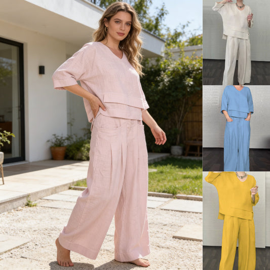 💎 Dwuczęściowy komplet z bawełny i lnu z nieregularnym dołem – bluzka z dekoltem w serek + spodnie z szerokimi nogawkami, przewiewny i naturalnie elegancki 🍂👚