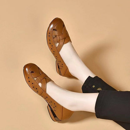 🔥💞【35-40】 2025 Sandale de damă noi, cu vârf rotund, din piele naturală, cu toc mic