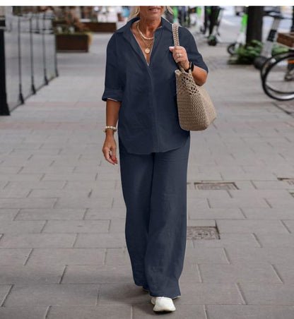 🔥🎉【Topy + Spodnie】【S-5XL】2025 Wiosna Nowy Modny Luźny Jednolity Kolor Damski Zestaw Koszulowy