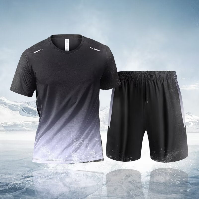 Nowy szybkoschnący zestaw sportowy (unisex) – swobodny komplet z krótkim rękawem w dużych rozmiarach; chłodzący, szybkoschnący materiał typu „ice-silk”