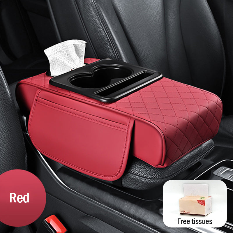 Tampă universală din piele pentru cotieră auto 4 în 1 ✅ Cutie încorporată pentru șervețele ✅ Suport pentru pahare