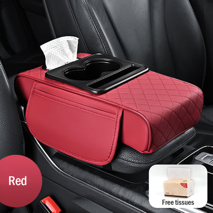 Tampă universală din piele pentru cotieră auto 4 în 1 ✅ Cutie încorporată pentru șervețele ✅ Suport pentru pahare