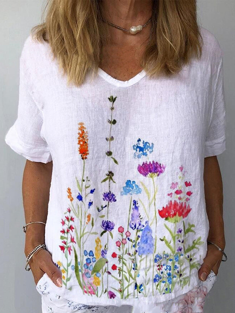 💐👕【S-5XL】🌈T-shirt z krótkim rękawem i bawełnianą lnianą nadrukiem w kwiaty