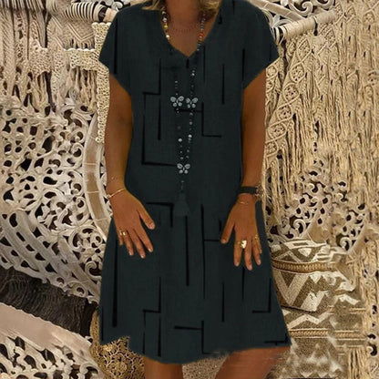 👗【S-5XL】Najlepiej sprzedająca się w 2025 roku bawełniana sukienka z nadrukiem i dekoltem w serek