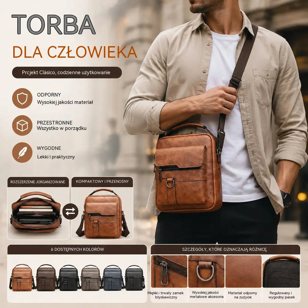 👜 50% zniżki🔥 Stylowa, codzienna męska torba ze skóry naturalnej o dużej pojemności ✅️Płatność przy odbiorze