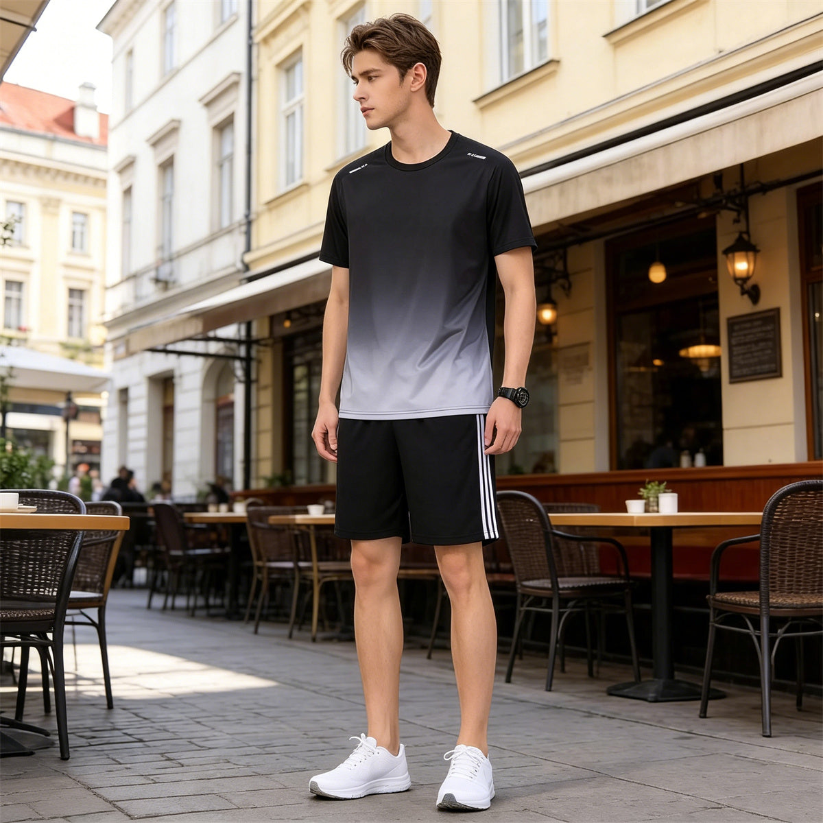 Nowy szybkoschnący zestaw sportowy (unisex) – swobodny komplet z krótkim rękawem w dużych rozmiarach; chłodzący, szybkoschnący materiał typu „ice-silk”