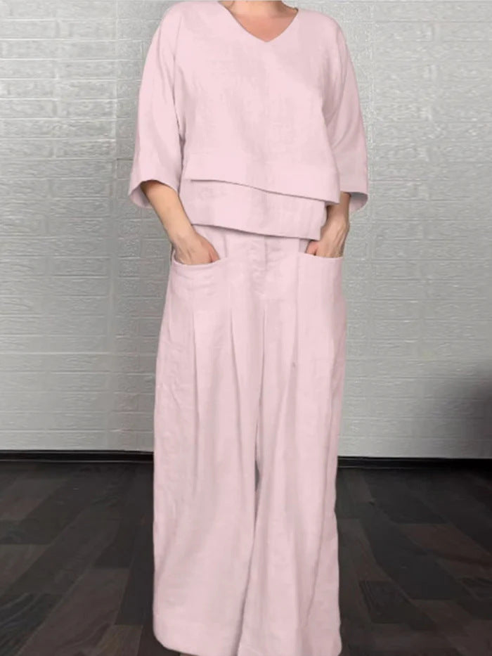 💎 Dwuczęściowy komplet z bawełny i lnu z nieregularnym dołem – bluzka z dekoltem w serek + spodnie z szerokimi nogawkami, przewiewny i naturalnie elegancki 🍂👚
