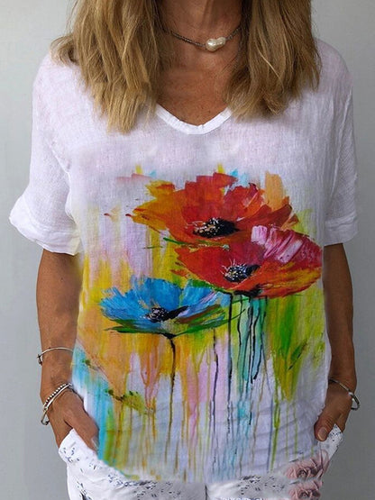 💐👕【S-5XL】🌈T-shirt z krótkim rękawem i bawełnianą lnianą nadrukiem w kwiaty