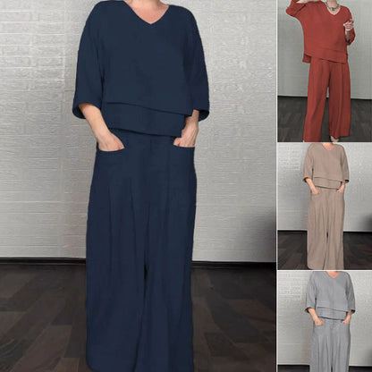 💎 Dwuczęściowy komplet z bawełny i lnu z nieregularnym dołem – bluzka z dekoltem w serek + spodnie z szerokimi nogawkami, przewiewny i naturalnie elegancki 🍂👚