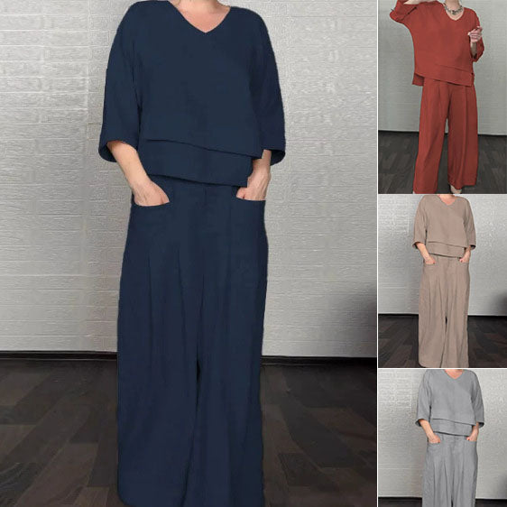 💎 Dwuczęściowy komplet z bawełny i lnu z nieregularnym dołem – bluzka z dekoltem w serek + spodnie z szerokimi nogawkami, przewiewny i naturalnie elegancki 🍂👚