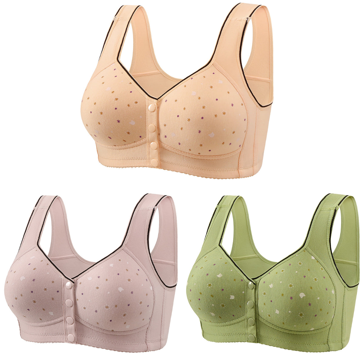 😍【Paket 3 kosov】Ženski brezžični modrček z gumbom spredaj 【40-120kg】❤️Bumbac naravni antibakterijski udoben udoben