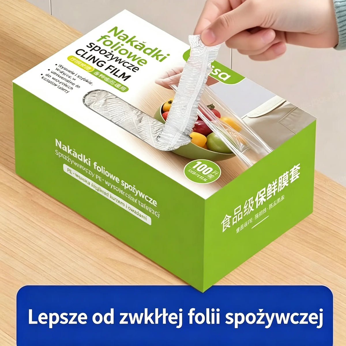 Bardzo grube, opakowanie 4 pudełek (400 sztuk) – 109 zł– Elastyczne osłonki na żywność z powłoką antybakteryjną; jednorazowe woreczki na żywność, odpowiednie do kuchni lub lodówki.