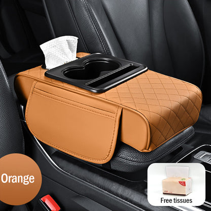 Tampă universală din piele pentru cotieră auto 4 în 1 ✅ Cutie încorporată pentru șervețele ✅ Suport pentru pahare