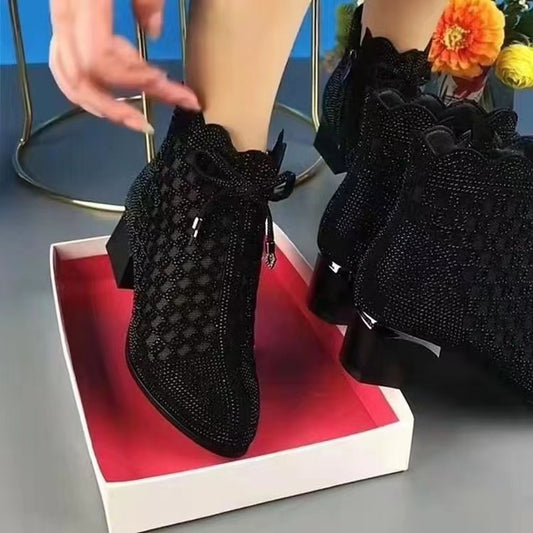 👠【35-41】2025 nowe grube botki z siateczki na obcasie