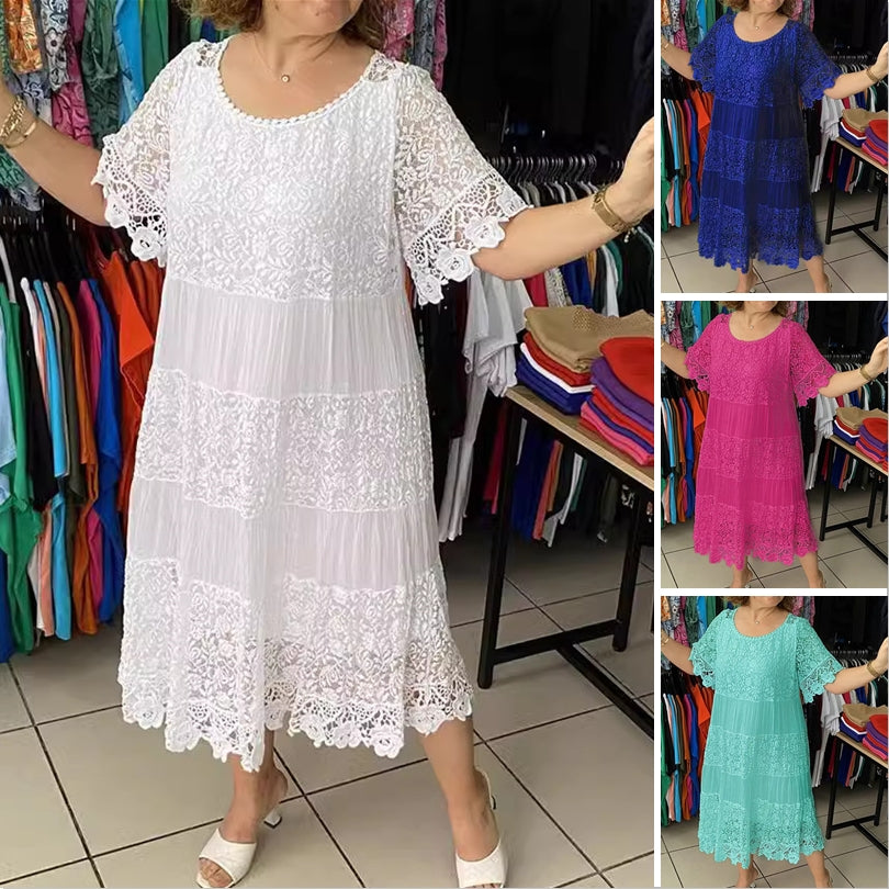 ✨✨【S-5XL】Nowa koronkowa sukienka t-shirtowa z krótkim rękawem i okrągłym dekoltem