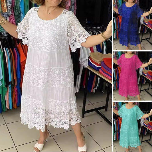 ✨✨【S-5XL】Nowa koronkowa sukienka t-shirtowa z krótkim rękawem i okrągłym dekoltem