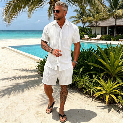 Męski letni zestaw: koszula z krótkim rękawem w stylu casual i szorty plażowe
