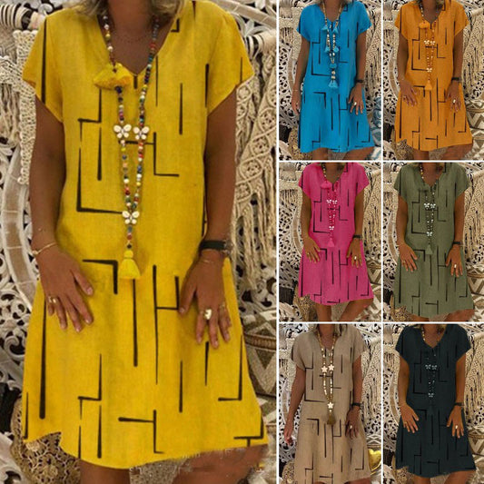 👗【S-5XL】Najlepiej sprzedająca się w 2025 roku bawełniana sukienka z nadrukiem i dekoltem w serek