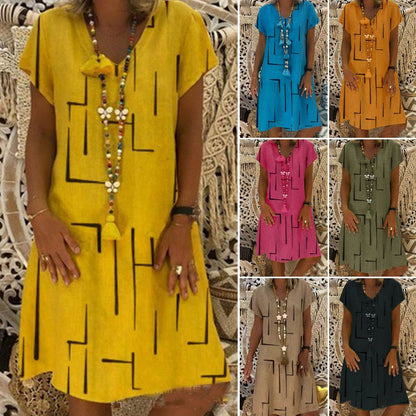 👗【S-5XL】Najlepiej sprzedająca się w 2025 roku bawełniana sukienka z nadrukiem i dekoltem w serek