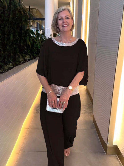 🥰【S-3XL】2025 Nou gât rotund cu gât rotund paiete Blocarea culorilor Set de pantaloni cu picior larg